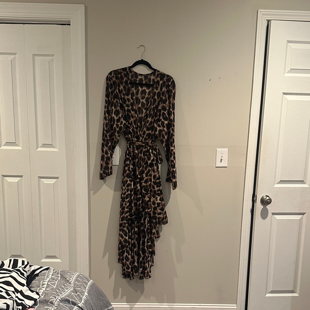 Chic Leopard Long Sleeve Dress Hi-low Wrap